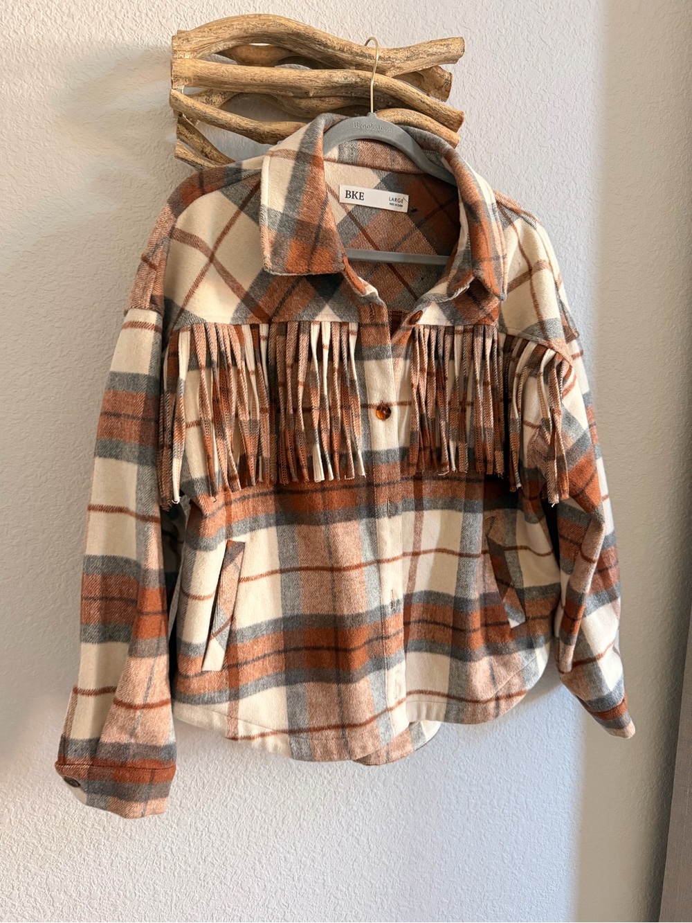 BKE women’s sz L Plaid Fringe Jacket cowgirl western ranch fall shacket shirt